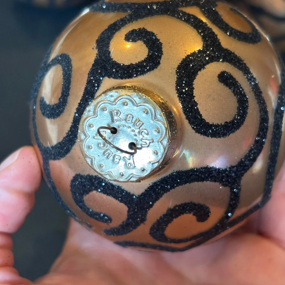 Rauch Gold Black Glitter Swirl Glass Christmas Ornaments Set of 4